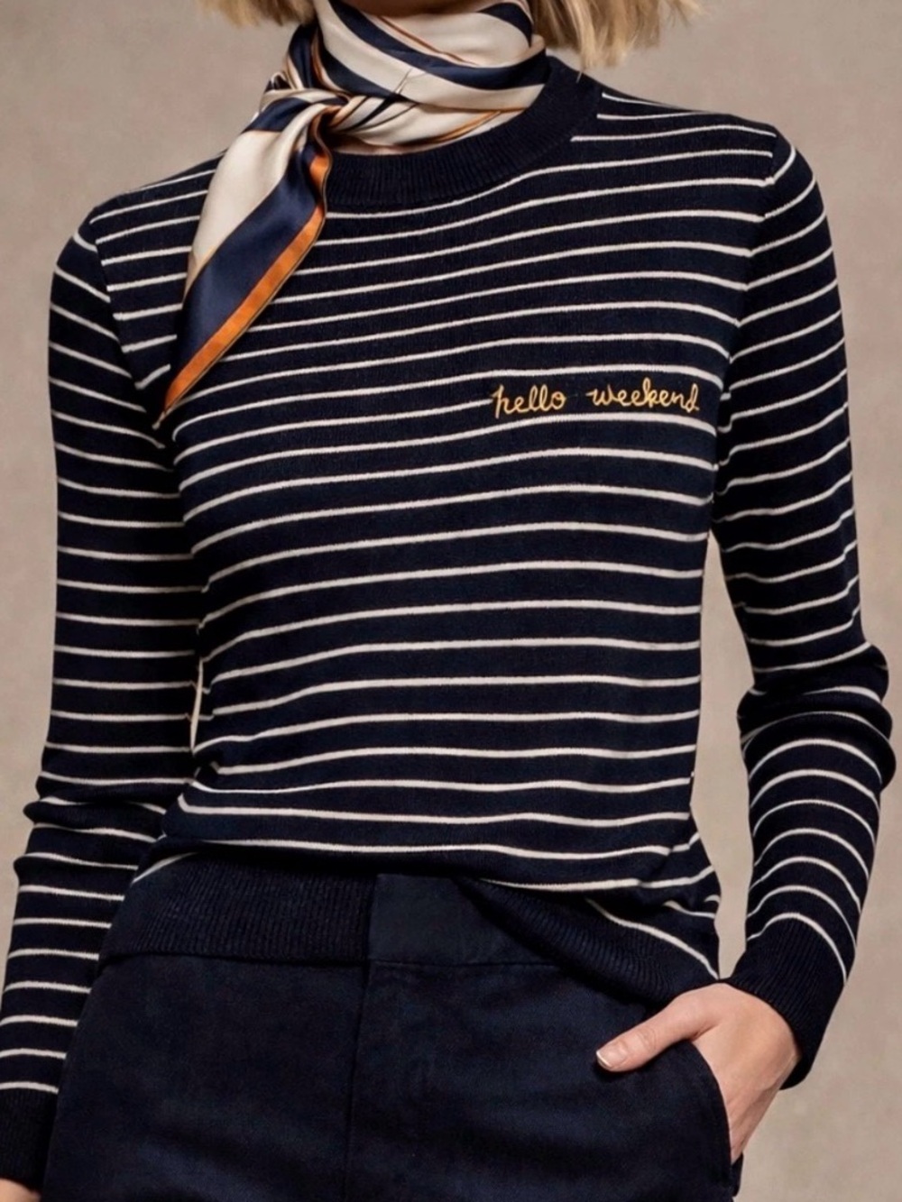 Banana Republic Navy Striped Embroidered “Hello Weekend” Cashmere Silk Sweater